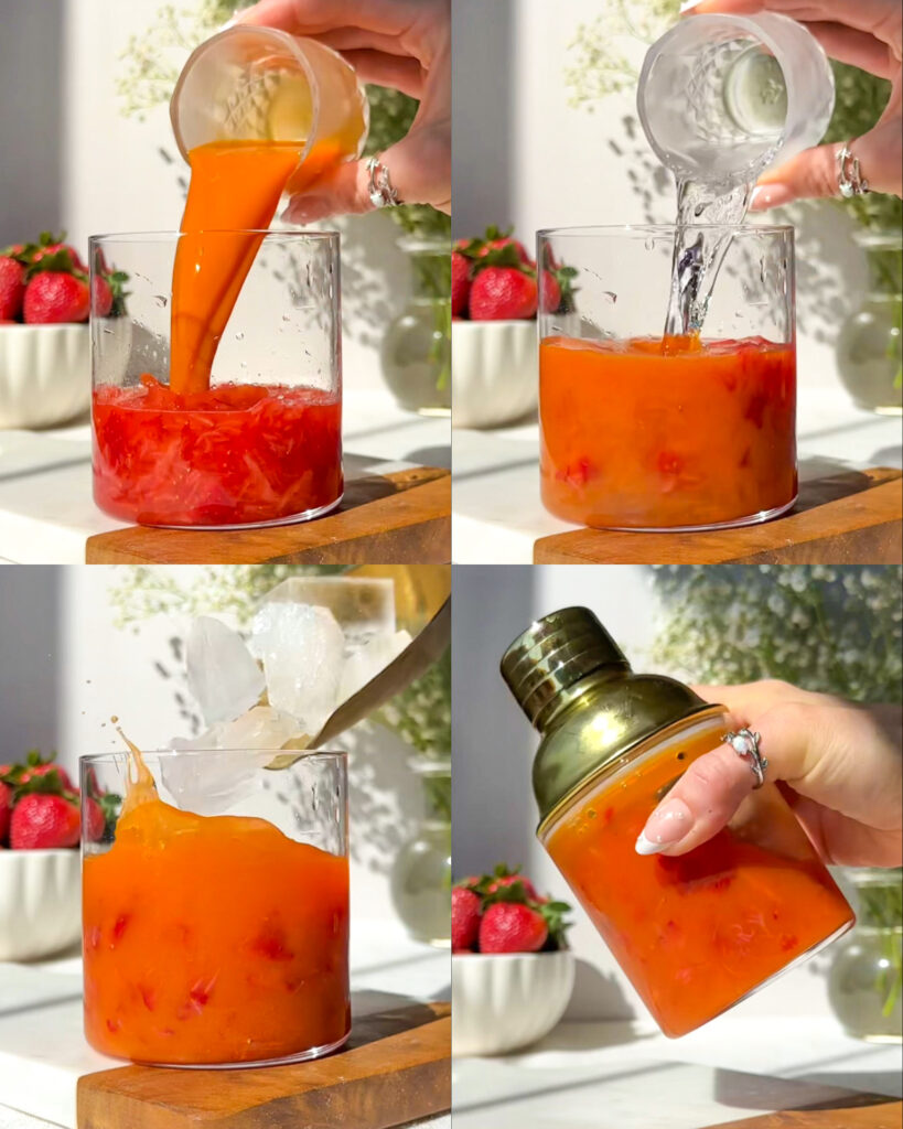 Montage of making a strawberry carrot margarita showing carrot juice and tequila being added, ice poured in, and a cocktail shaker being shaken by hand.