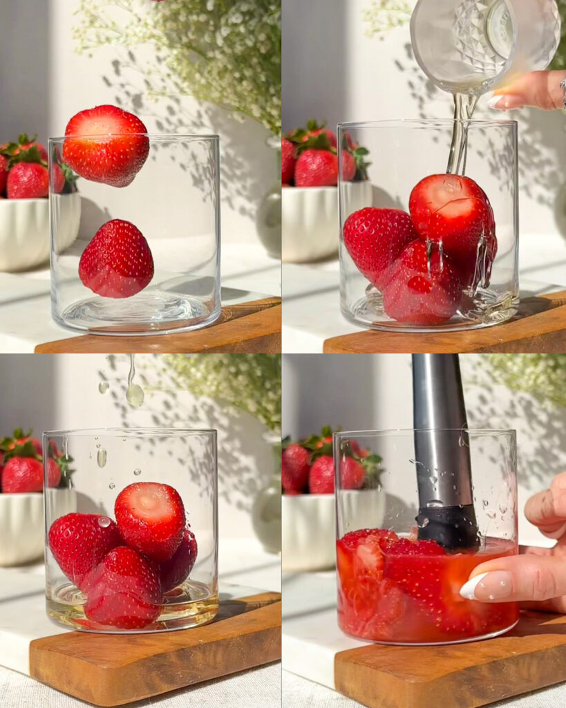 Step-by-step montage showing strawberries being added to a glass, elderflower or honey syrup poured over, fresh lime juice squeezed in, and strawberries being muddled for a strawberry carrot margarita.