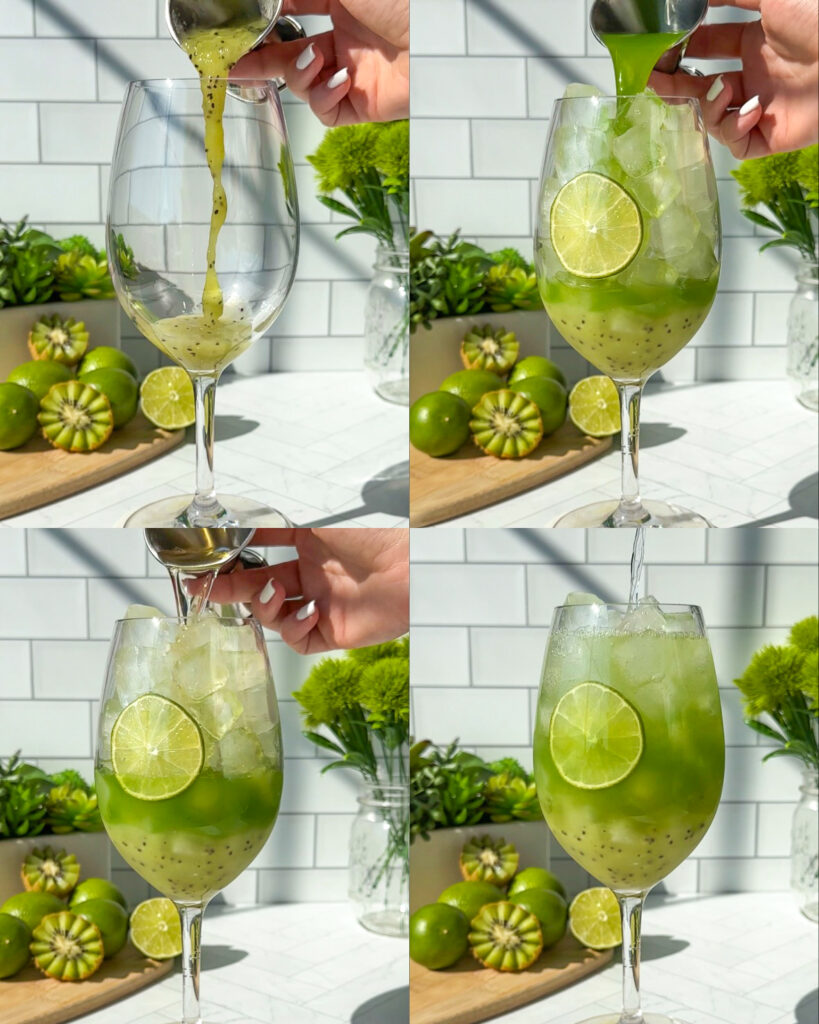 Step-by-step montage showing the making of a sparkling kiwi cucumber mocktail in a large glass, including pouring kiwi puree, cucumber juice, elderflower syrup, and sparkling soda over ice with a kiwi slice inside.