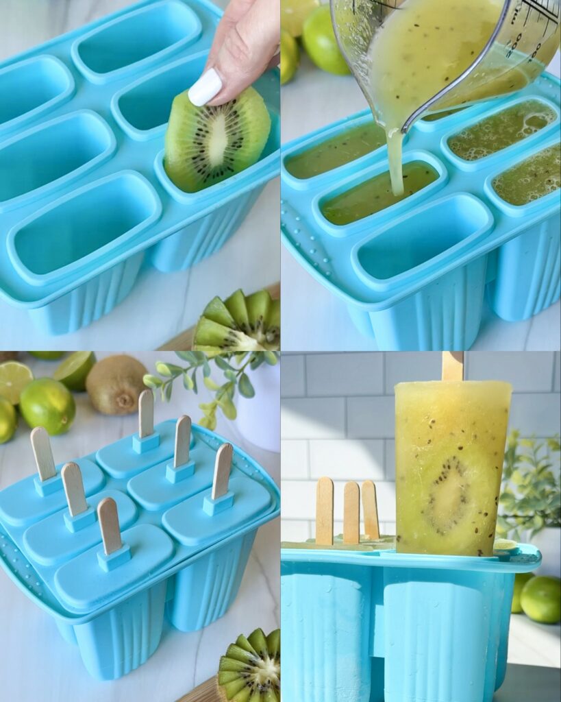 Step-by-step collage showing kiwi and pineapple mixture being poured into popsicle moulds, sticks being inserted, and finished frozen popsicles being removed