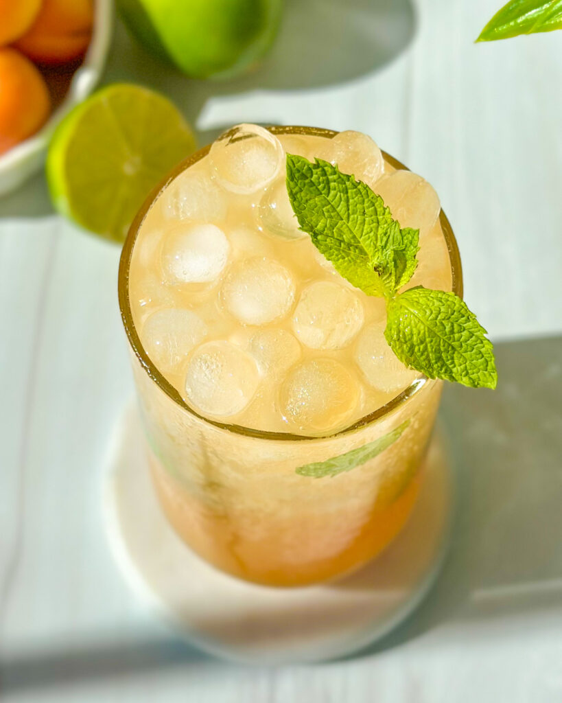 Overhead view of an apricot mojito with glistening ice, fresh mint leaves, and bubbly club soda
