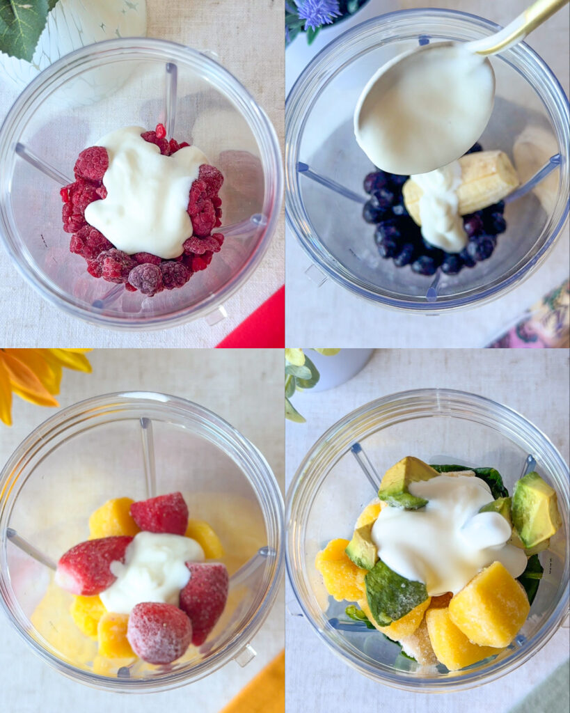 four blender cups filled with fruit and vegetables yogurt and superfoods