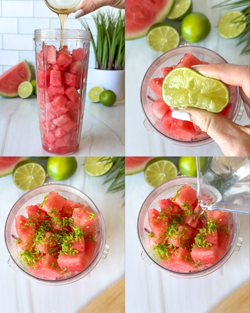 process montage of adding watermelon lime maple syrup coconut water to a blender