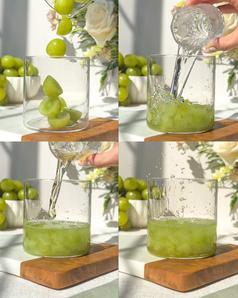 step by step preparation of green grape gimlet showing muddled grapes, gin, honey syrup and fresh lime being added to shaker