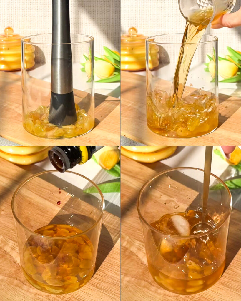 Step-by-step collage showing how to make a Golden Raisin Old Fashioned by muddling raisins, pouring bourbon, adding bitters and stirring with ice.