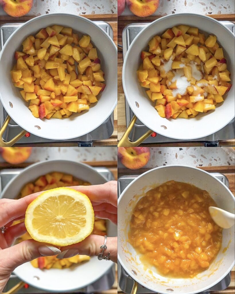 Step-by-step collage showing peaches simmering with sugar and lemon juice to make the peach tart filling.