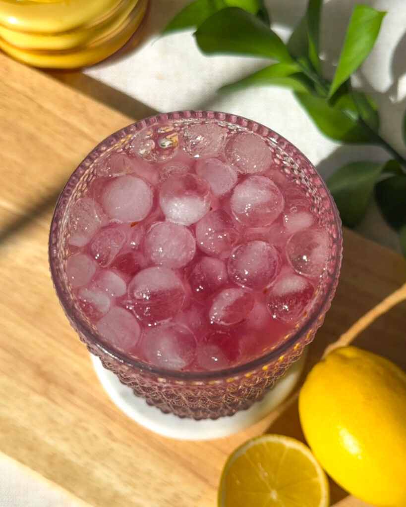 Overhead view of a homemade blueberry hydration drink with spherical ice cubes, fresh blueberries, lemon, and coconut water.