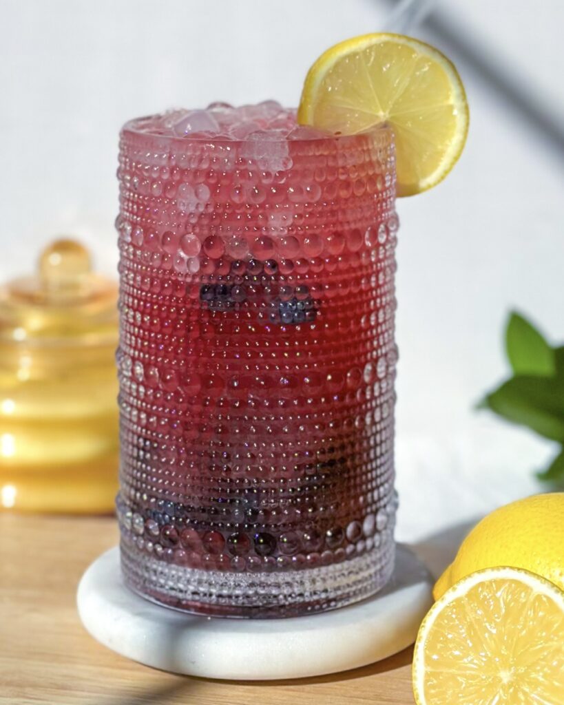 Homemade blueberry hydration drink garnished with a fresh lemon wheel and served over ice.