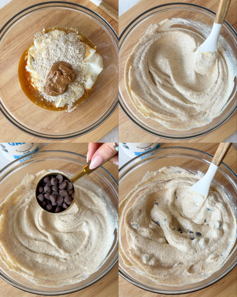 Montage showing the ingredients for high-protein cookie dough dip being mixed in a bowl, with chocolate chips added and stirred into the dip