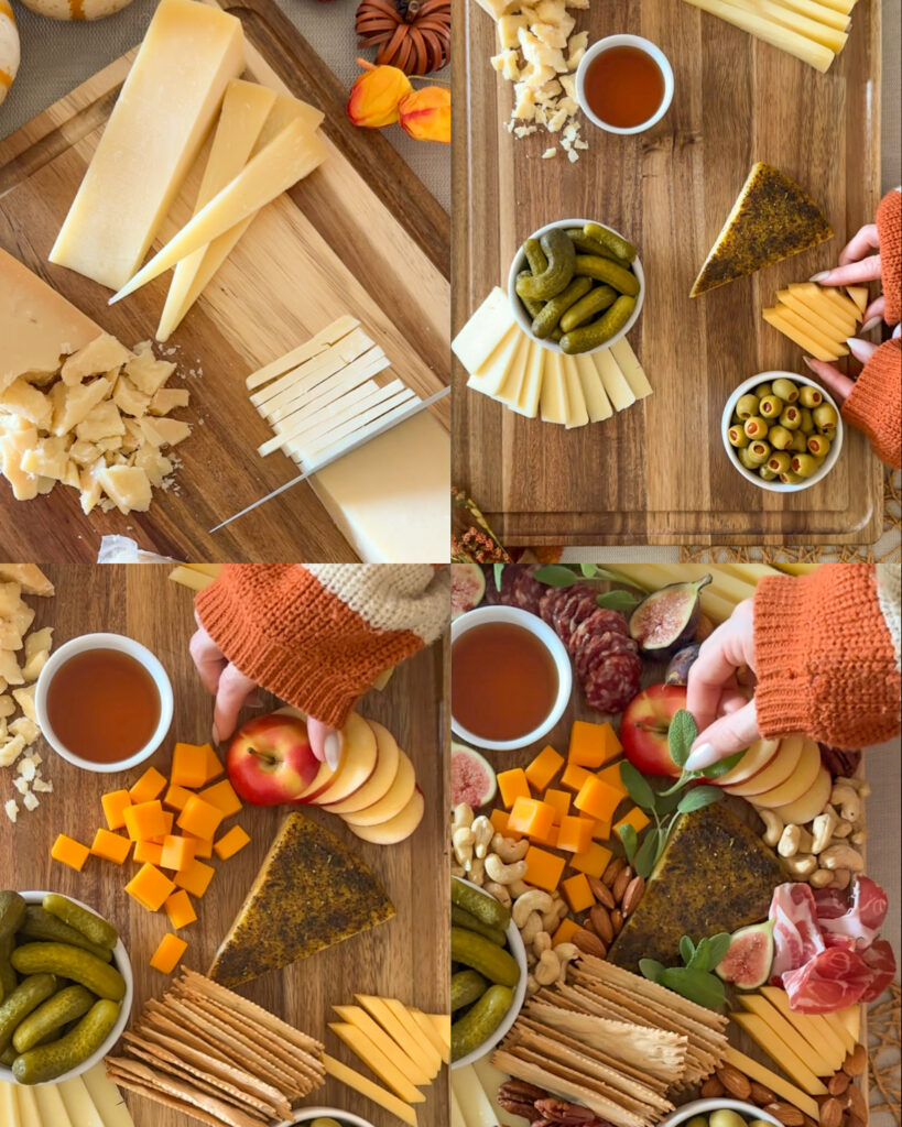 Step-by-step montage showing cheese being cut and ingredients arranged to make a fall charcuterie board