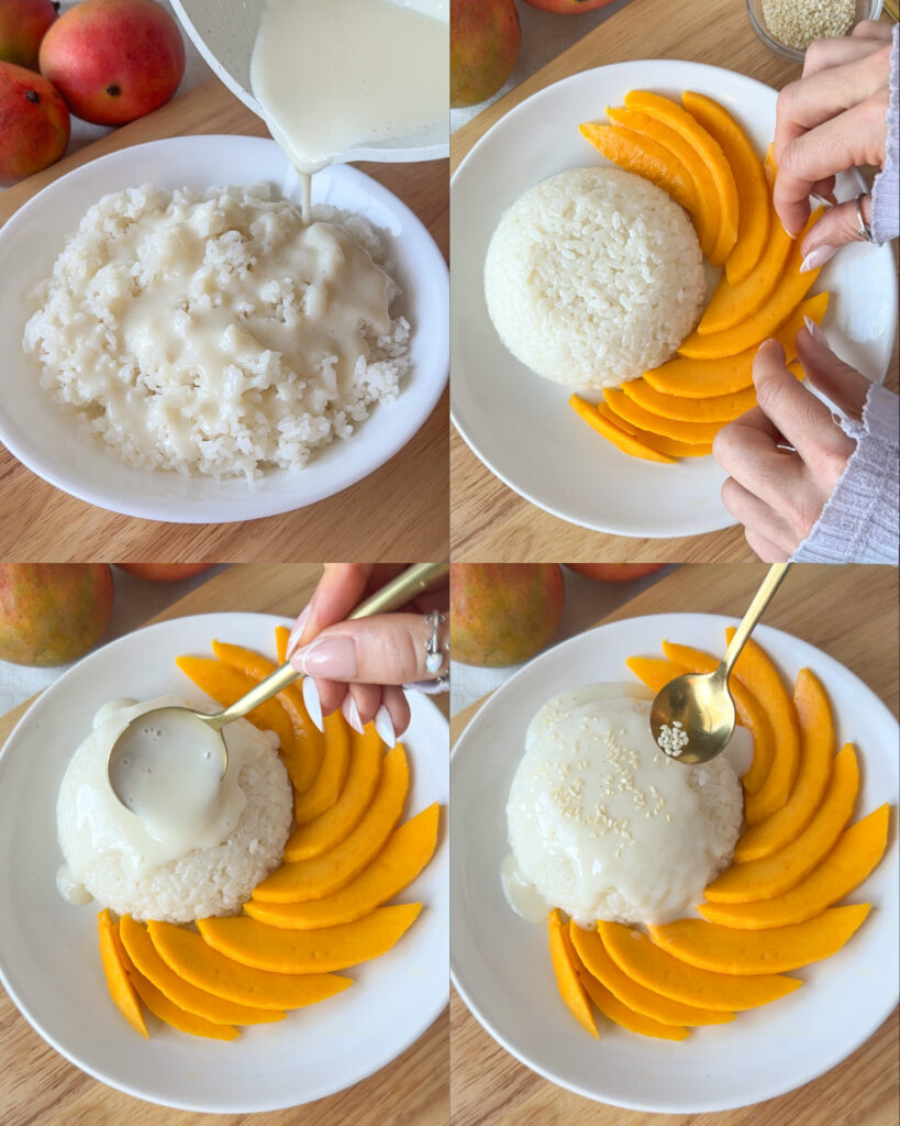Step-by-step montage showing coconut custard being poured over sticky rice, mango being arranged, extra sauce being spooned over the rice, and sesame seeds being sprinkled on top.