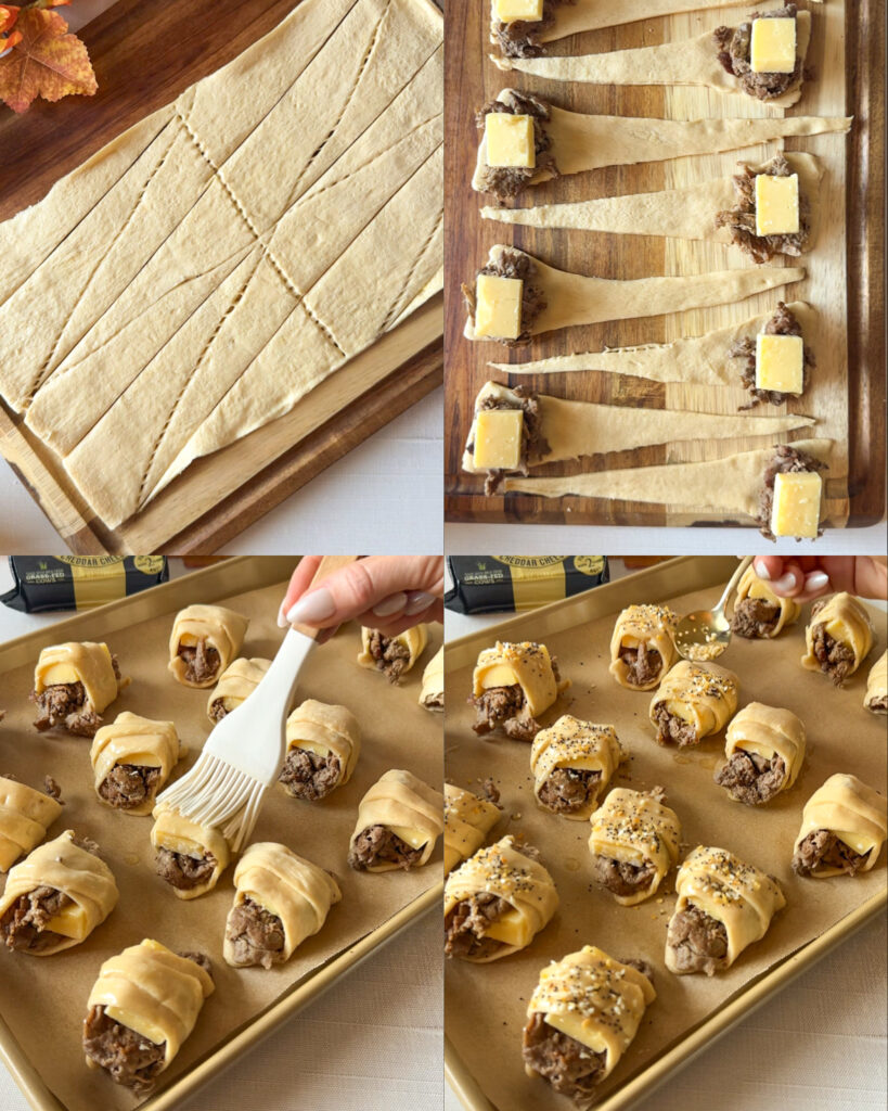 Step-by-step montage showing crescent roll dough filled with steak and cheese, brushed with butter, and topped with everything bagel seasoning