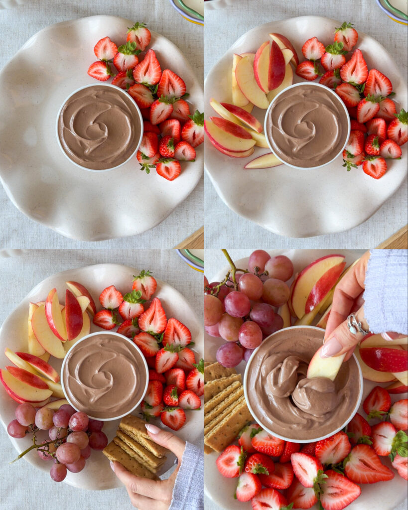 Montage showing a high-protein chocolate dip platter being assembled with strawberries, apples, fruit, graham crackers, and a dipped apple slice