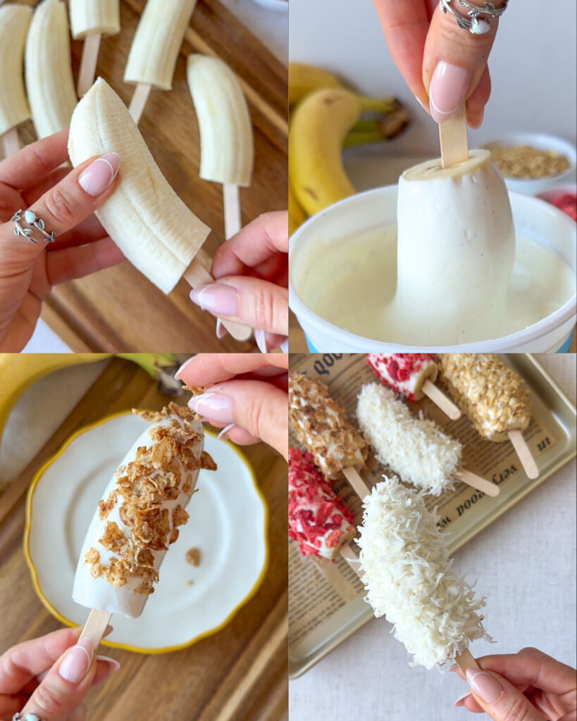 Step-by-step montage showing popsicle sticks inserted into banana halves, bananas dipped in Greek yogurt, and finished frozen banana pops