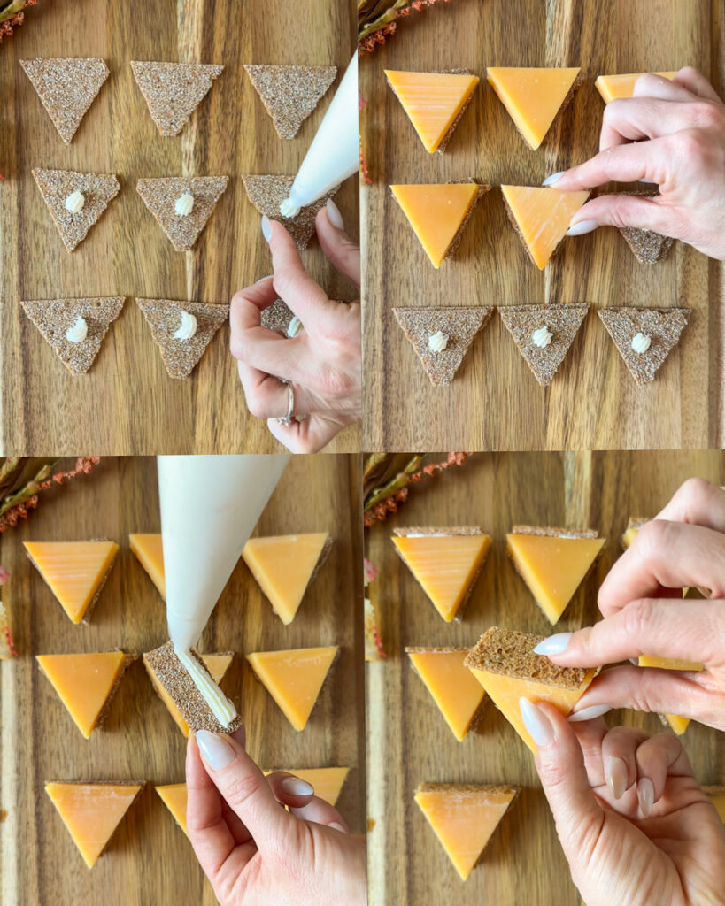 Step-by-step photos showing cream cheese being piped onto triangle crackers, cheese being added, and a cracker crust being attached