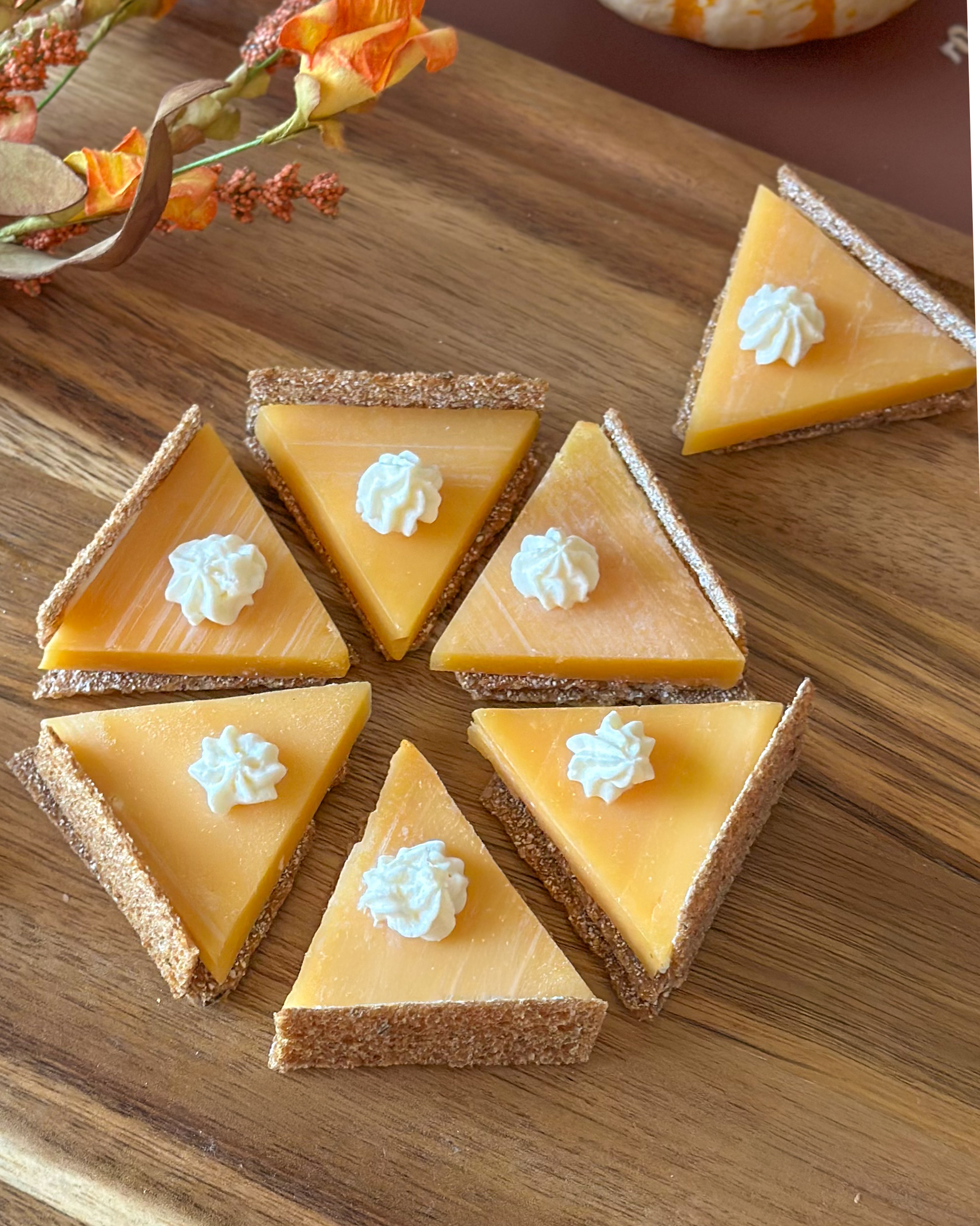 Overhead view of pumpkin pie cheese and cracker bites arranged in a circle on a serving surface