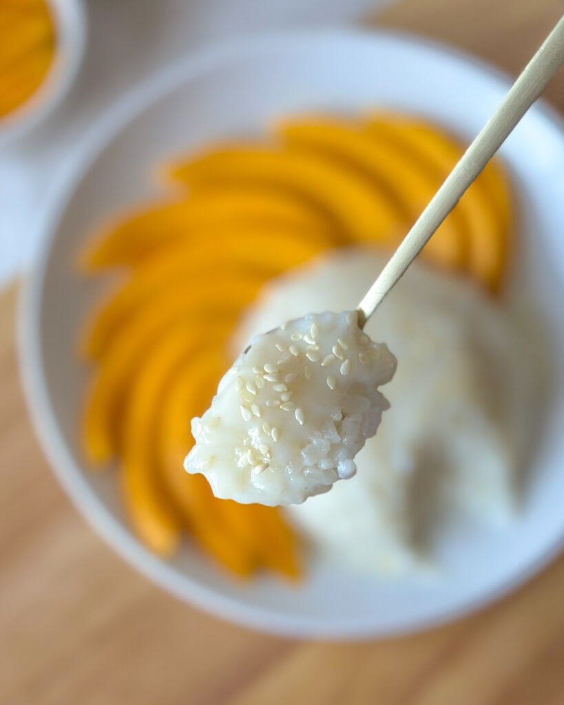 Close-up of a spoonful of creamy mango sticky rice with the finished dish softly blurred in the background.