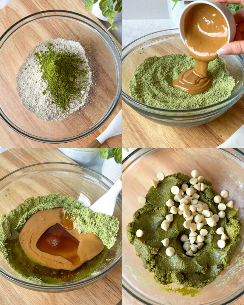 Collage showing oat flour and matcha, cashew butter being added, the dough being mixed, and white chocolate chips being added