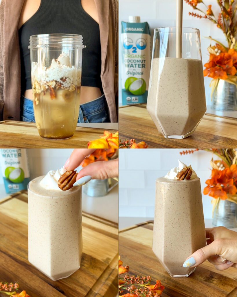Montage showing the pecan pie smoothie ingredients in a blender cup, pouring the smoothie into a glass, topping it with a pecan, and holding the finished smoothie