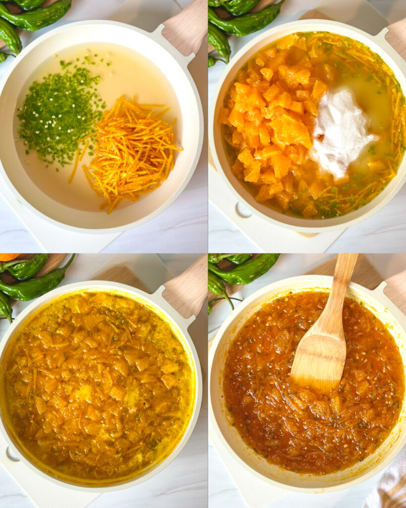 Step-by-step montage showing spicy citrus pepper jelly being prepared with vinegar, Sumo citrus, peppers and sugar before simmering and thickening