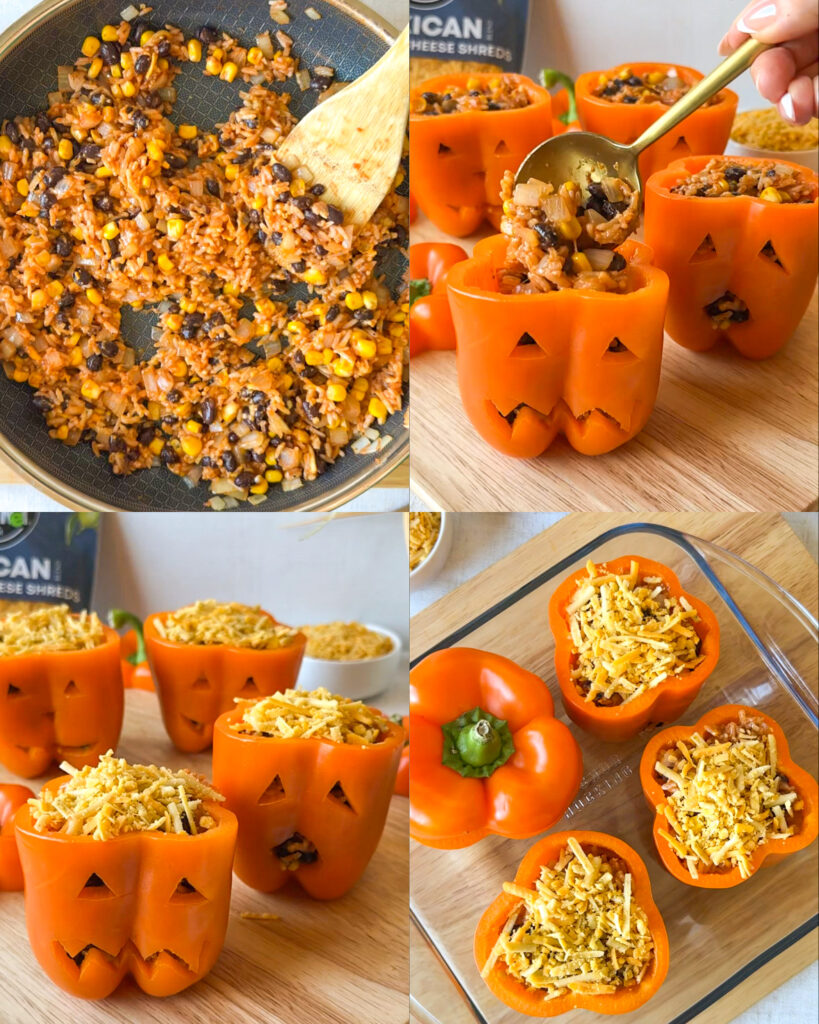 Four-step photo collage showing how to make jack-o’-lantern stuffed peppers, from mixing the rice, black bean and corn filling to stuffing the peppers, adding shredded cheese and arranging them in a baking dish before baking.
